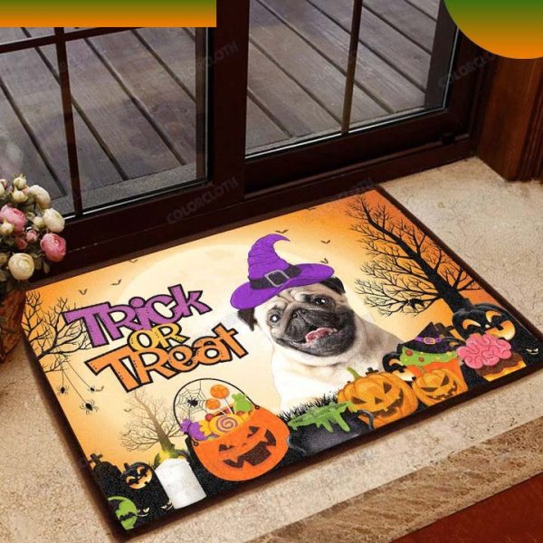 Pug Halloween Trick Or Treat DoorMat