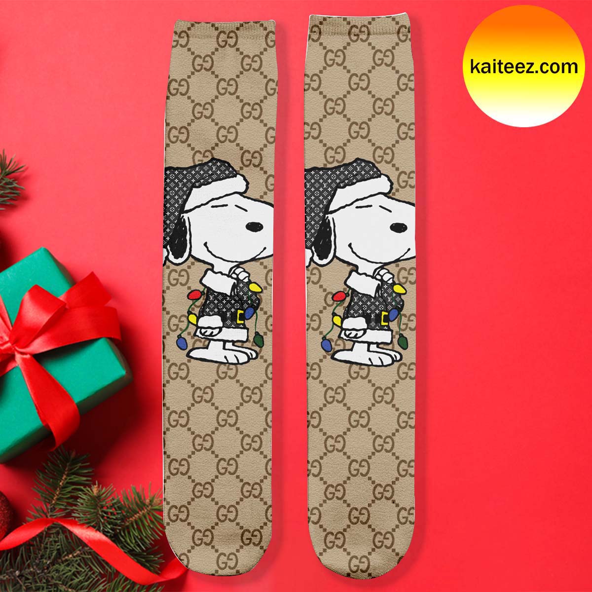 Snoopy Wear Louis Vuitton On Gucci Background Christmas Socks - Kaiteez