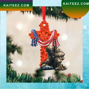 Soldier Kneeling Under Poppy Cross USA Flag Christmas Ornament