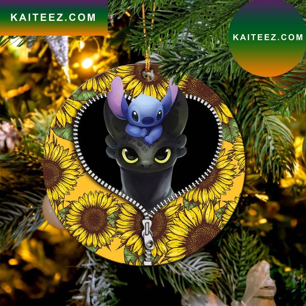 Toothless And Stitch Sunflower Zipper Mica Circle Ornament Perfect Gift For Holiday