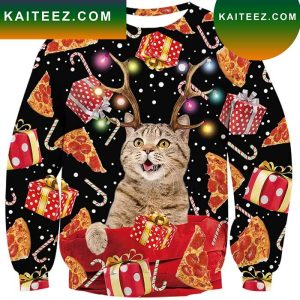 Antlers Cat Pizza Ugly Christmas Sweater
