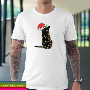 Black Santa Cat Tangled Up In Lights Christmas Fan Gifts T-Shirt