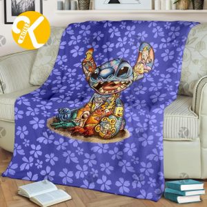 Disney Aloha Stitch With Disney Characters In Blue Flowers Background Christmas Throw Blanket