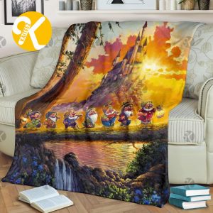 Disney Cute 7 Dwarfs Walking Along The River Besides The Castle In The Sunset Christmas Throw Blanket