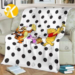 Disney Cute Winnie The Pooh Friends Playing Music In White And Black Dot Christmas Throw Blanket