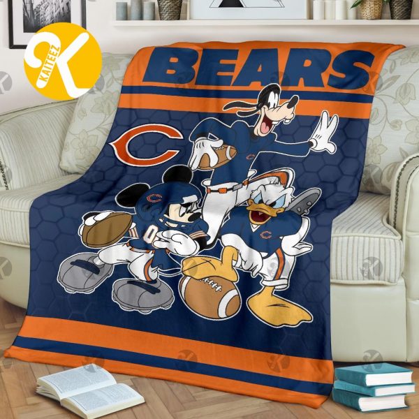 Disney Mickey Mouse Chicago Bears Team NFL In Navy And Orange Throw Fleece Blanket