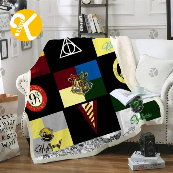 Harry Potter 4 Houses And Signature Symbols In Checker Board Pattern Sherpa Throw Blanket
