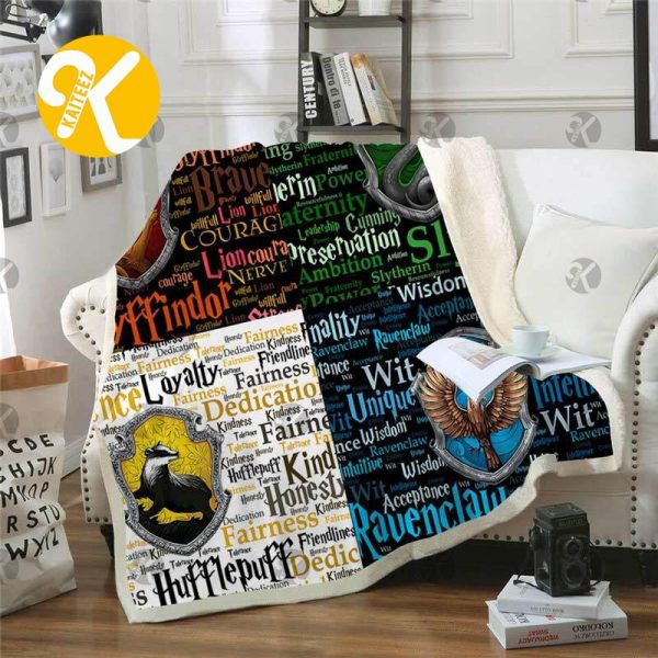 Harry Potter 4 Houses Symbol With Descriptive Adjectives Pattern Throw Fleece Blanket