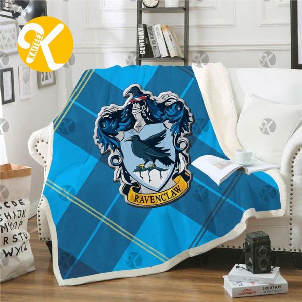 Harry Potter Big Signature Ravenclaw Symbol In Blue Plaid Background Sherpa Throw Blanket