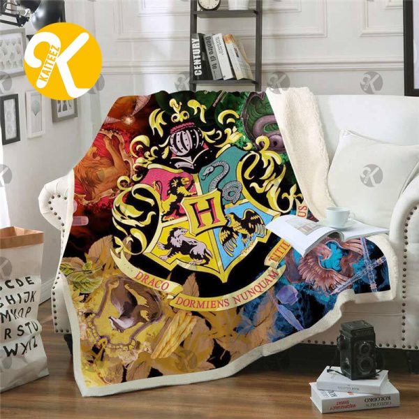 Harry Potter Colorful Big Symbol Of Hogwarts With 4 House In The Background Throw Fleece Blanket