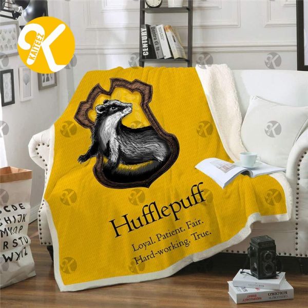 Harry Potter Hufflepuff Signature Symbol With Descriptive Words In Basic Yellow Background Sherpa Throw Blanket