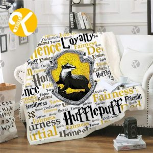 Harry Potter Hufflepuff Symbol In White Background With Descriptive Adjectives Pattern Sherpa Throw Blanket