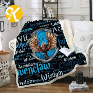 Harry Potter Ravenclaw Symbol In Navy Background With Descriptives Adjectives Pattern Sherpa Throw Blanket