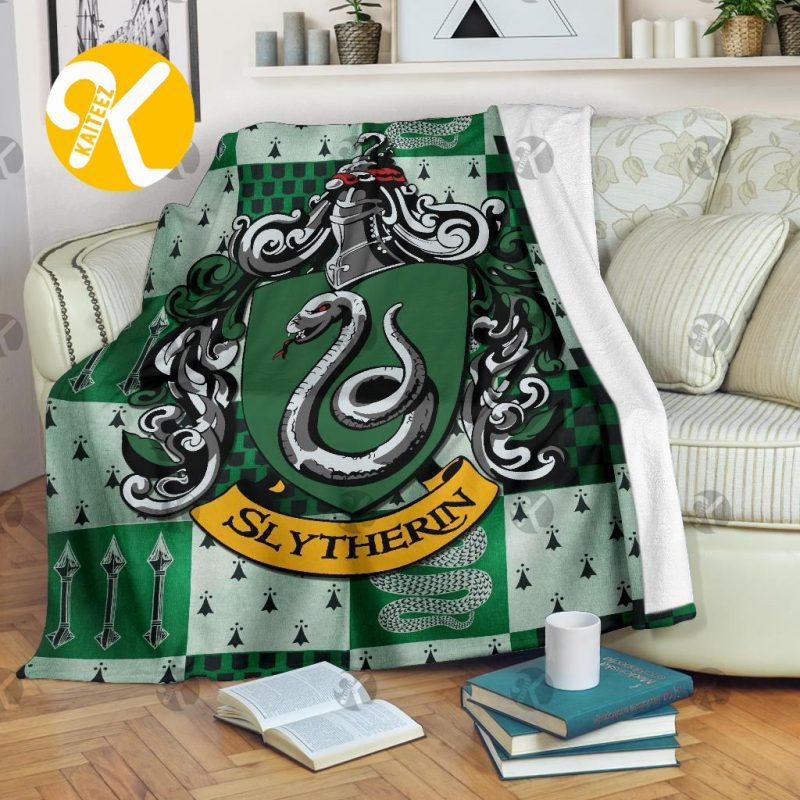 Harry Potter Slytherin Big Symbol In Green Checker Board With Signature Logo Throw Fleece Blanket Kaiteez