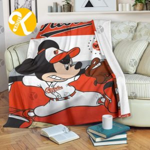 Mickey Mouse Baltimore Orioles MLB Baseball In White And Orange Christmas Throw Fleece Blanket