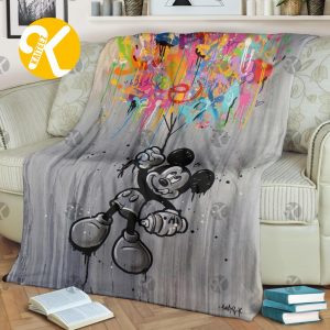 Mickey Mouse In Black And White Holding Colorful Graphic Baloon Christmas Throw Fleece Blanket