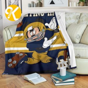 Mickey Mouse Notre Dame Fighting Irish NFL Team Football In Yellow And Navy Christmas Throw Fleece Blanket