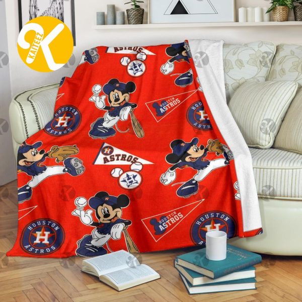 Mickey Mouse Plays Houston Astros MLB Team Baseball In Red Christmas Throw Fleece Blanket