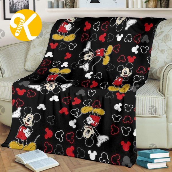Mickey Mouse Posing Pattern With Black And Red Disney Symbol In Black Background Christmas Throw Fleece Blanket