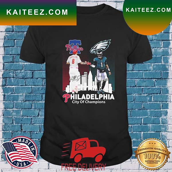 Philadelphia Phillies And Philadelphia Eagles City Of Champions Signatures  T-shirt - Kaiteez