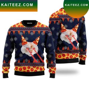 Pizza Cat With Laser Eyes Fire Ugly Christmas Sweater