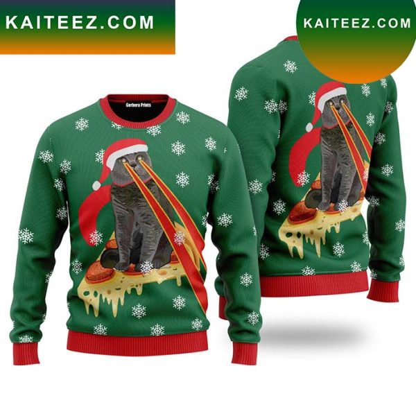 Pizza Cat With Laser Eyes Ugly Christmas Sweater