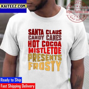 Santa Claus Candy Cane Hot Cocoa Mistletoe Presents Frosty Vintage T-Shirt