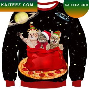 Space Pizza Cat Ugly Chritmas Sweater