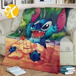 Vintage Disney Happy Stitch Playing At The Beach Throw Blanket