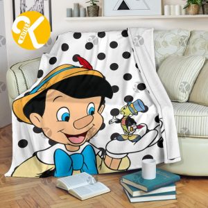 Vintage Disney Jiminy Cricket And Pinocchio In White And Black Dot Background Throw Blanket