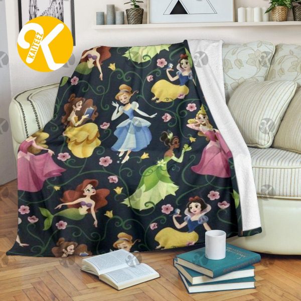 Vintage Disney Princess All Lovely Princesses Over Printed In Fantasy Black Background Throw Blanket