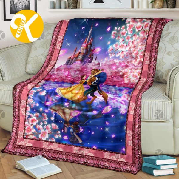 Vintage Disney Princess Beauty And The Beast Dancing Next To The Castle With Floral Throw Blanket