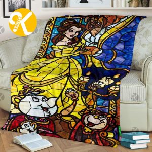 Vintage Disney Princess Beauty And The Beast Stained Glass Artwork Throw Blanket