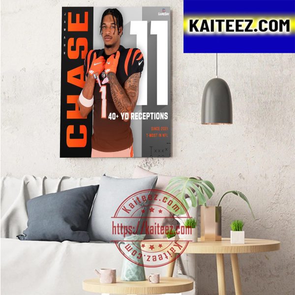 Jamarr Chase 40+ YD Receptions Cincinnati Bengals NFL Art Decor Poster Canvas