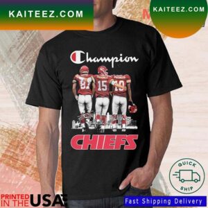 Champions Kansas City Chiefs Travis Kelce Patrick Mahomes And Isiah Pacheco Signatures T-shirt