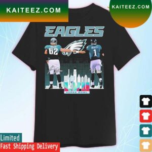 Jalen Hurts And Jason Kelce Philadelphia Eagles Super Bowl Lvii City Skyline Signatures T-Shirt