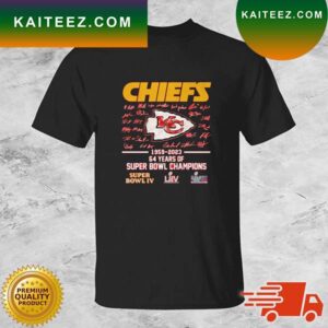 Kansas City Chiefs 1959-2023 64 Years Of Super Bowl Champions Super Bowl LVII Signatures T-shirt