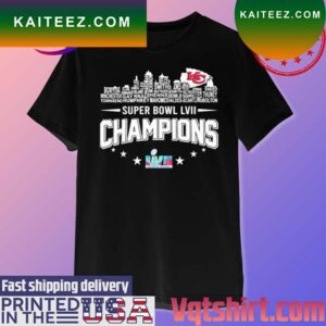 Official NFL Kansas City Chiefs team name skyline Super Bowl LVII Champions 2023 T-shirt