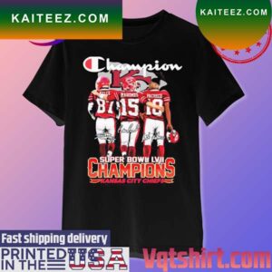 Travis Kelce Patrick Mahomes and Pacheco Super Bowl LVII Champions Kansas City Chiefs signatures T-shirt