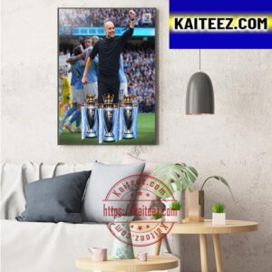 3 Premier League Champions Titles In A Row For Pep Guardiola And Man City Art Decor Poster Canvas