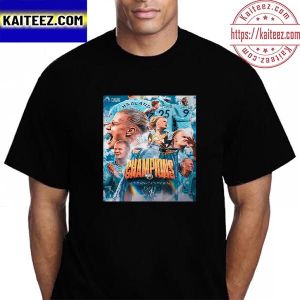 Erling Haaland And Manchester City 2022-2023 Premier League Champions Vintage T-Shirt