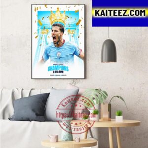 Ruben Dias And Manchester City Premier League Champions 3 In A Row Art Decor Poster Canvas