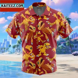 Agumon Digimon Gift For Family In Summer Holiday Button Up Hawaiian Shirt