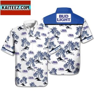 Bud Light Beer Palm Trees White Blue Hawaii Aloha Shirt Beer Hawaiian Shirt