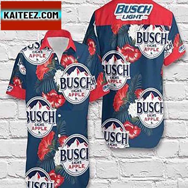 Busch Light Apple Logo Hibiscus Flower Pattern Blue Red For Men And Women Aloha Hawaiian Shirt