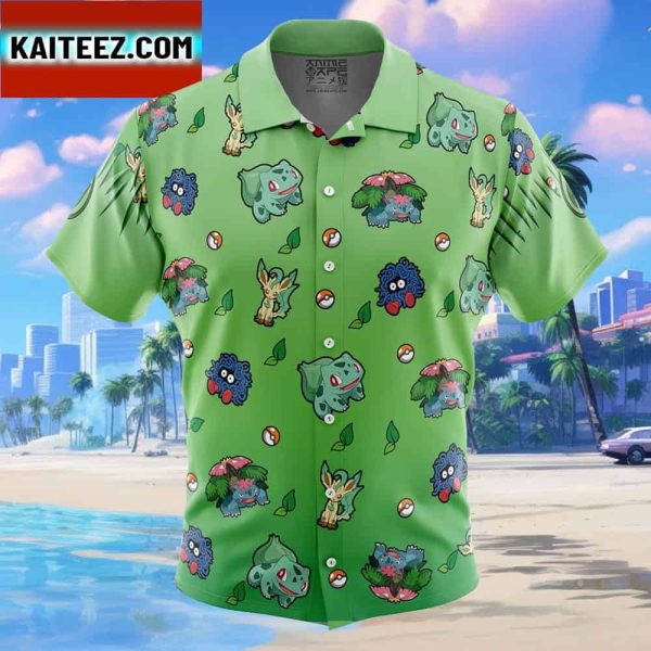 Grass Type Pattern Pokemon Gift For Family In Summer Holiday Button Up Hawaiian Shirt