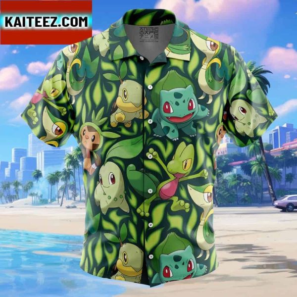 Grass Type Starters Pokemon Gift For Family In Summer Holiday Button Up Hawaiian Shirt