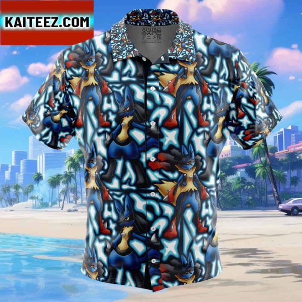 Lucario x Mega Lucario Pokemon Gift For Family In Summer Holiday Button Up Hawaiian Shirt