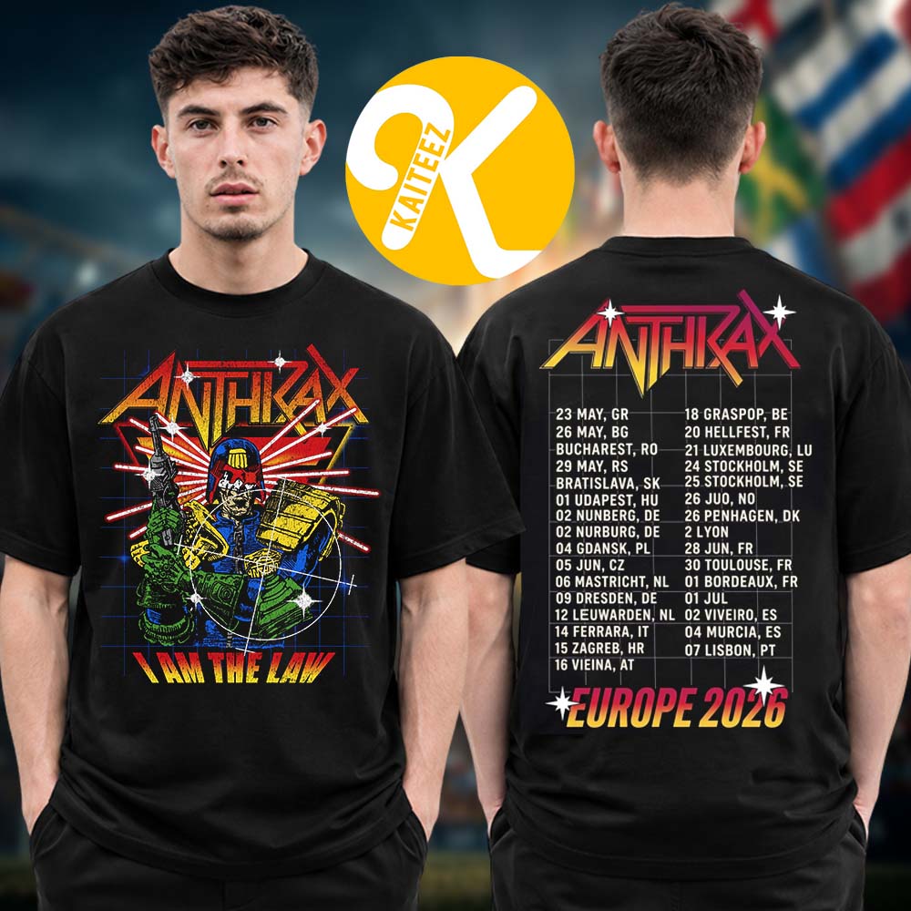 Anthrax Merch Europe Tour 2026 I Am The Law Tour Dates Two Sided Unisex T-Shirt Anthrax Merch Europe Tour 2026 I Am The Law Tour Dates Two Sided Unisex T-Shirt