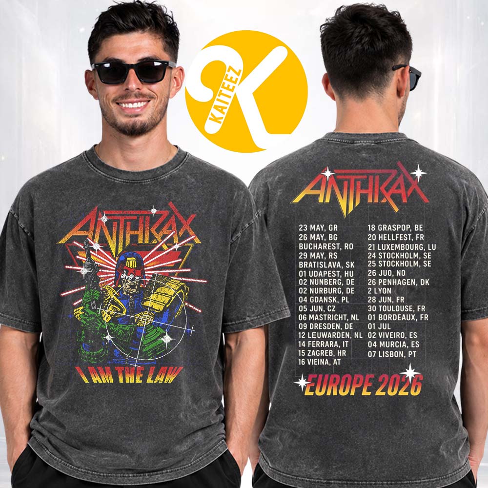 Anthrax Merch Europe Tour 2026 I Am The Law Tour Dates Two Sided Washed T-Shirt Anthrax Merch Europe Tour 2026 I Am The Law Tour Dates Two Sided Washed T-Shirt